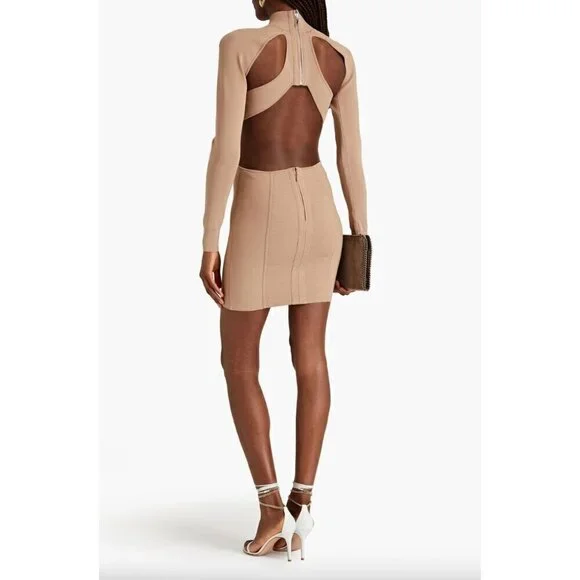 HERVE LEGER Ottoman Cutout Long Sleeve Minidress Fawn Womens Size Large - Picture 3 of 13